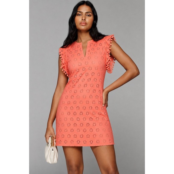 Lilly Pulitzer Dresses & Skirts - Lilly Pulitzer Astara Eyelet Shift Dress Peach Palm Tree Eyelet Pom Pom Trim  M
